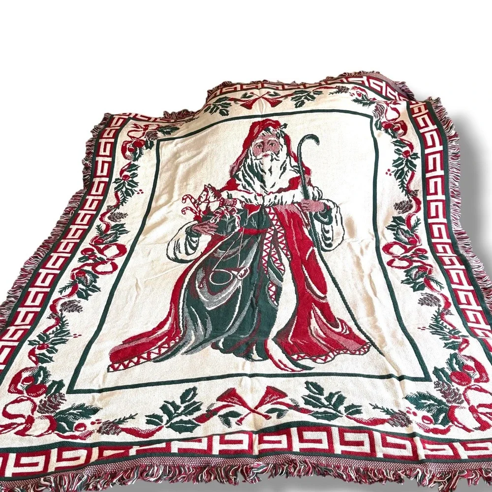 Goodwin Weavers Vintage Christmas Past Santa Triple Woven Cotton Afghan Blanket